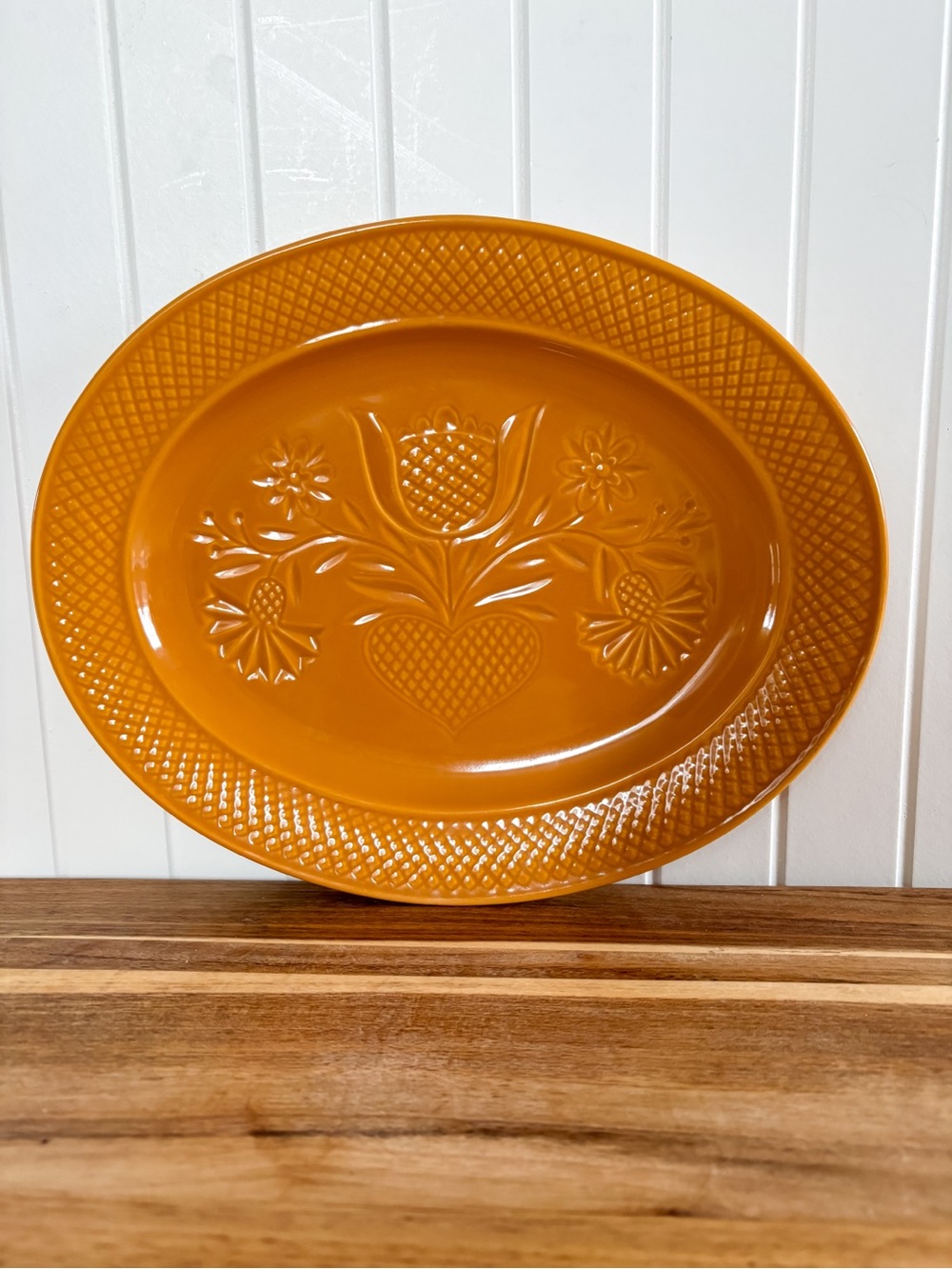 Lancaster by Kathy Primitives Mustard Embossed Floral Platter 12.5”